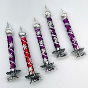 Unbranded Glass Candle Ornaments Set of 5 Purple Red Silver Glitter Clip On 6in